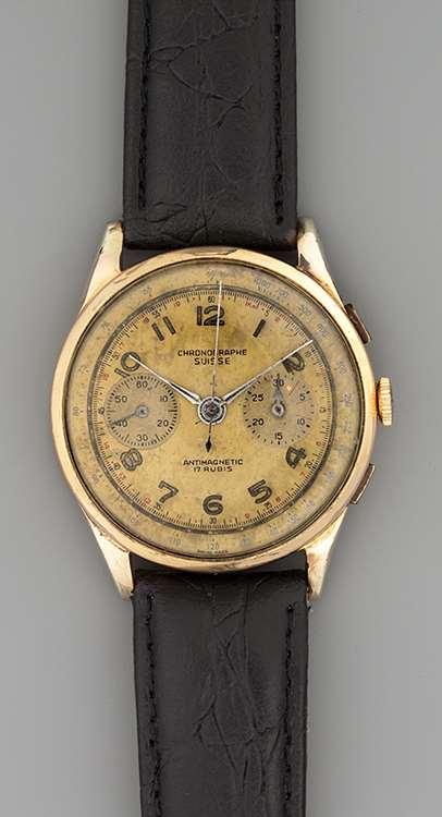 25. Férfi karóra Chronographe Arany 585, belső fém merevítő betéttel, sárga, fém, 2 segéd számkörös