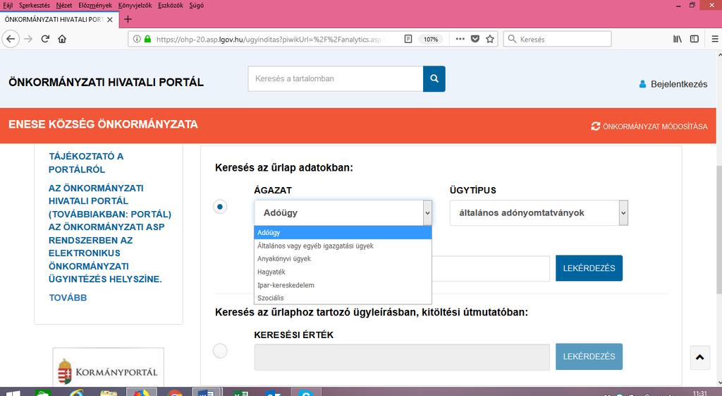 A lekérdezés gombra kattintva lent megjelennek az adott ügytípushoz tartozó, elektronikus űrlap