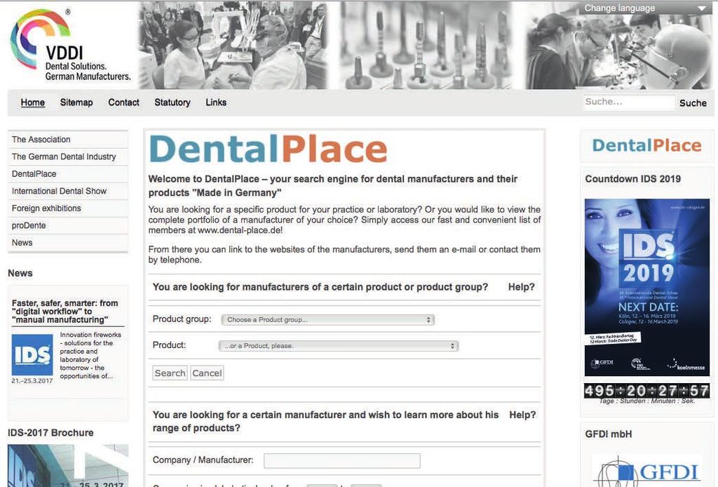 A DentalPlace kereső hét világnyelven (német, angol, francia, spanyol, kínai, orosz és arab) kínál sokféle keresési lehetőséget gyártók, termékcsoportok vagy termékek terén.