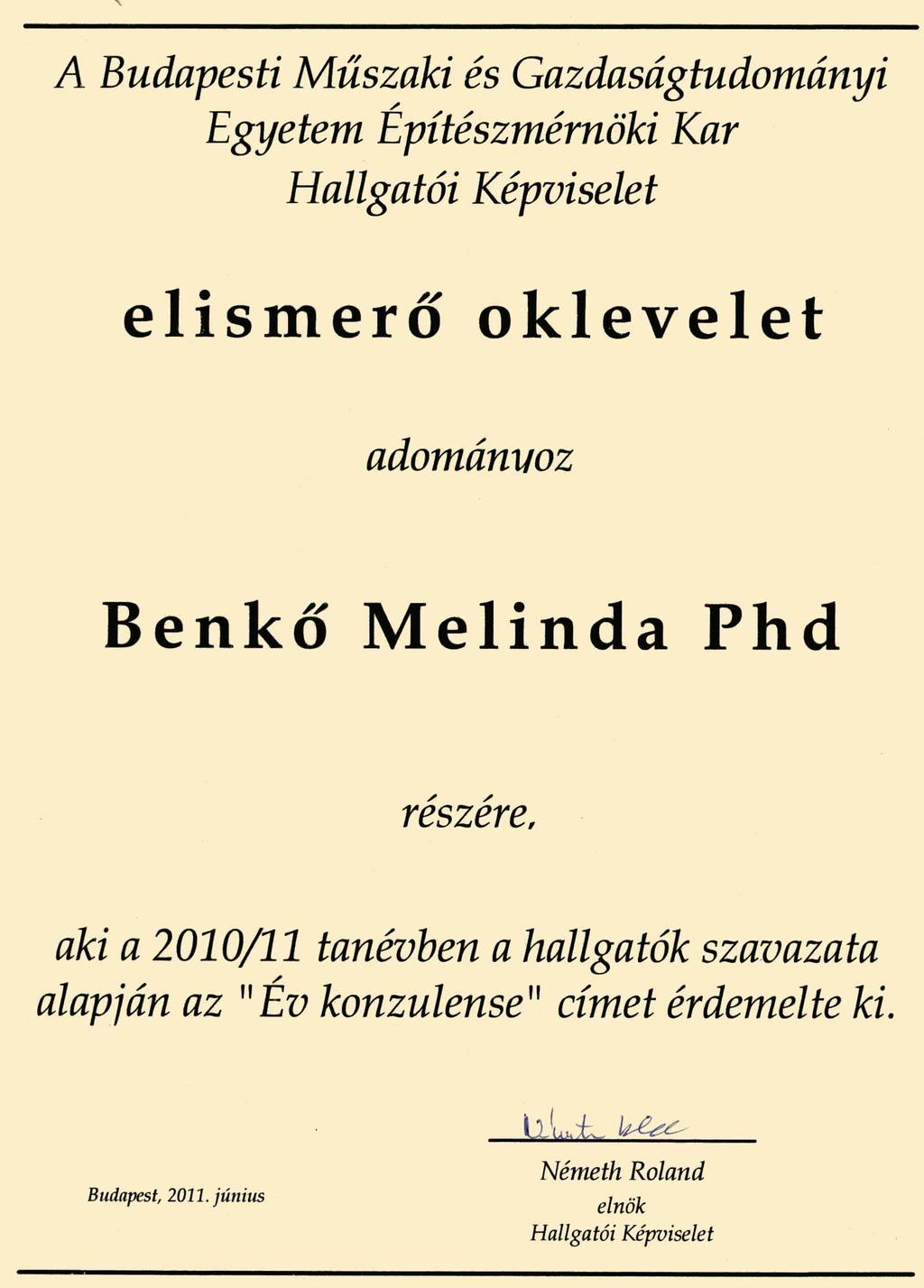 Dr. Benkő Melinda tanszékvezetői pályázat,