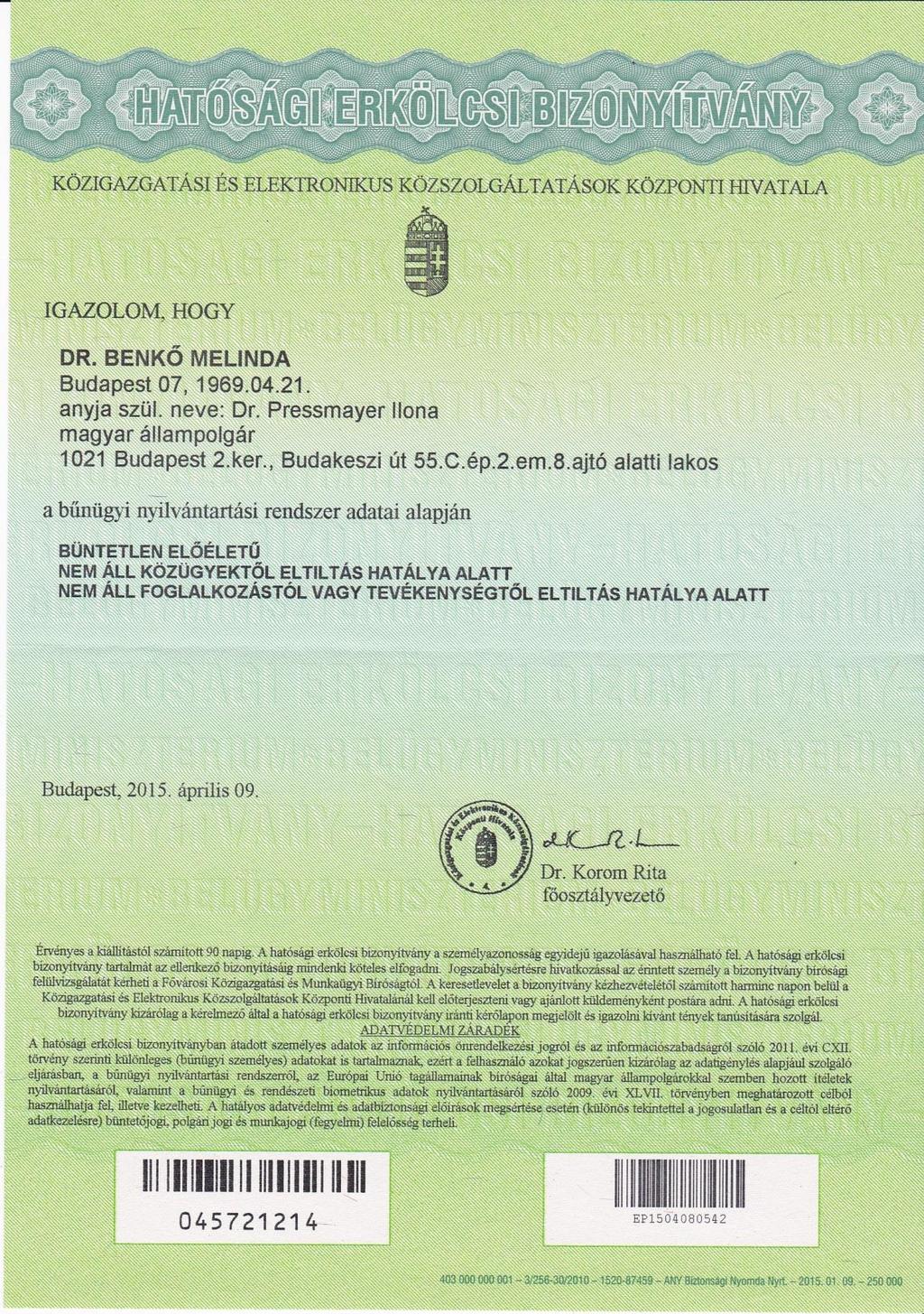 8. hatósági erkölcsi bizonyítvány Dr.