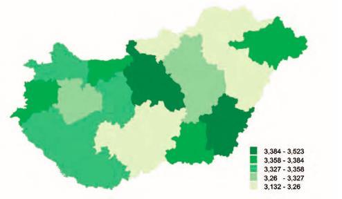 28. ábra: A megyei attitűd index értékei Magyarországon 27 Azaz a fenti ábra alapján látható, hogy a felelősség érzet aaz egyik legmagasabba megyében, az attitűd kutatás összesített értéke alapján