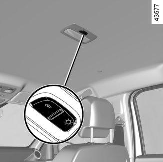 BELSŐ VILÁGÍTÁS (1/2) 1 1 2 Mennyezetlámpa A kapcsoló 1 megnyomásával a következők közül választhat: az utastér folyamatos belső világítása; az ajtó kinyitása által kapcsolt világítás,