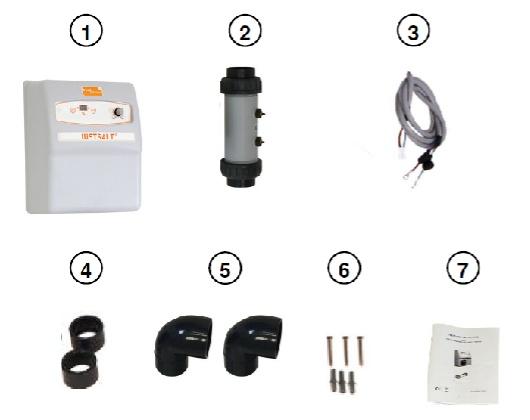 2 CSOMAGOLÁSI JEGYZÉK 1. Elektronikus vezérlőszekrény 2. Elektrolízis cella 3. 1 db cellakábel 4. 2 db 63/50 mm szűkítőgyűrű 5. 2 db 90 fokos könyö 6. Rögzítőkészlet 7.