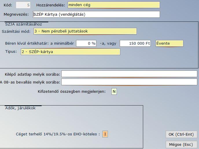 Erzsébet utalvány), valamint az egyéb kifizetések számfejtésénél (pl. osztalék, megbízási díj). Kitöltendő mezők: Kód : max. kétszámjegyű kód.