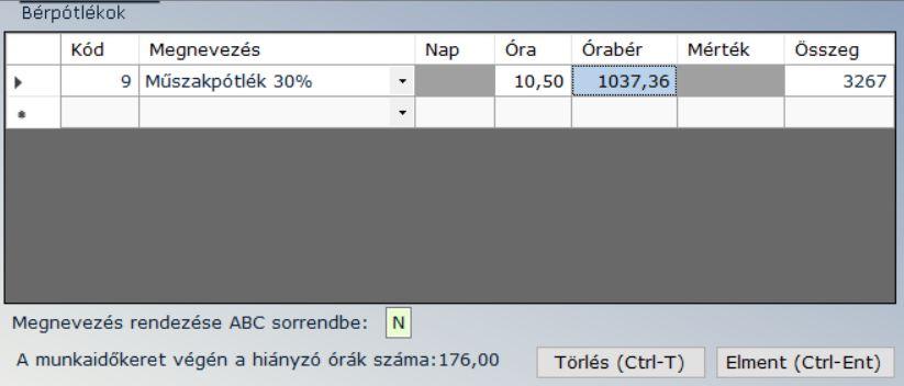Munkaidőkeret esetén a program kijelzi az ablakban a még hiányzó, a túlóraként elszámolandó órák számát.