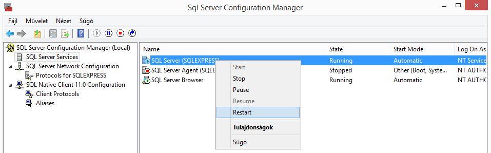 Ha ezzel elkészültünk, az SQL Servert újra kell indítani, hogy a beállításokat érvényesítsük.