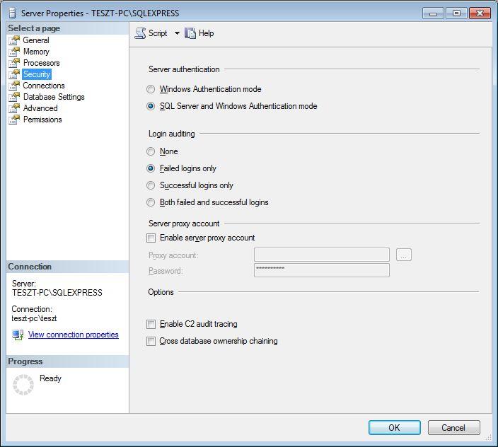 A Server authentication pont alatt az SQL Server and Windows Authentication mode lehetőséget kell választani. 3.