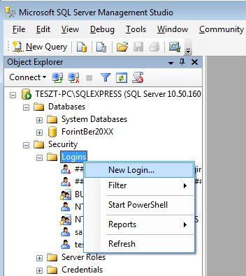 A következő oldalon lehet a felhasználó adatait megadni. A neve legyen forintber, válasszuk ki az SQL Server authentication -t és adjunk meg egy jelszót a Password szövegmezőben.