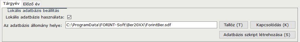 A program alapértelmezetten a lokális adatbázist használja, ennek szerkezetét és adatait (mind az alapadatokat, mind a használat során felvitt adatokat) egy SQL szkriptbe exportálni az Adatbázis