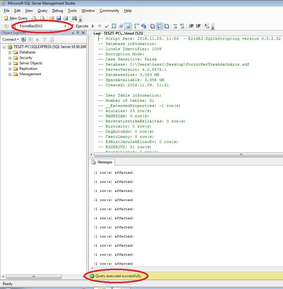 Nyomjuk meg az Execute gombot, a képernyő alján a Query executed successfully üzenetet kell látnunk. 6.