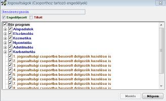 Ezután az alábbi képernyőt látjuk, melyen a kiválasztott csoporthoz be tudjuk állítani a jogosultságokat, hogy a csoporthoz tartozó személyek mely főmenüpontokat