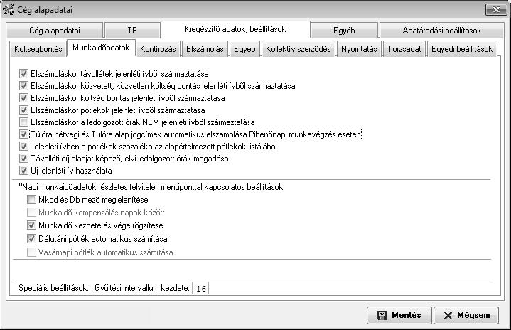 Kiegészítő adatok, beállítások / Munkaidőadatok fül Ezen a fülön a Jelenléti ív felvitele és a Napi munkaidőadatok részletes felvitele menüpontokkal kapcsolatos beállítások kaptak helyet. FONTOS!