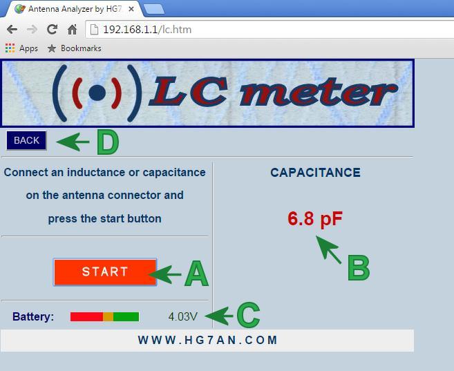 L/C (induktivitás és kapacitásmérő): A: Kövesse a képernyőn látható utasításokat és nyomja meg a START gombot B: Olvassa le a mérési eredményt C: Az akkumulátor töltöttségi szintjének és aktuális
