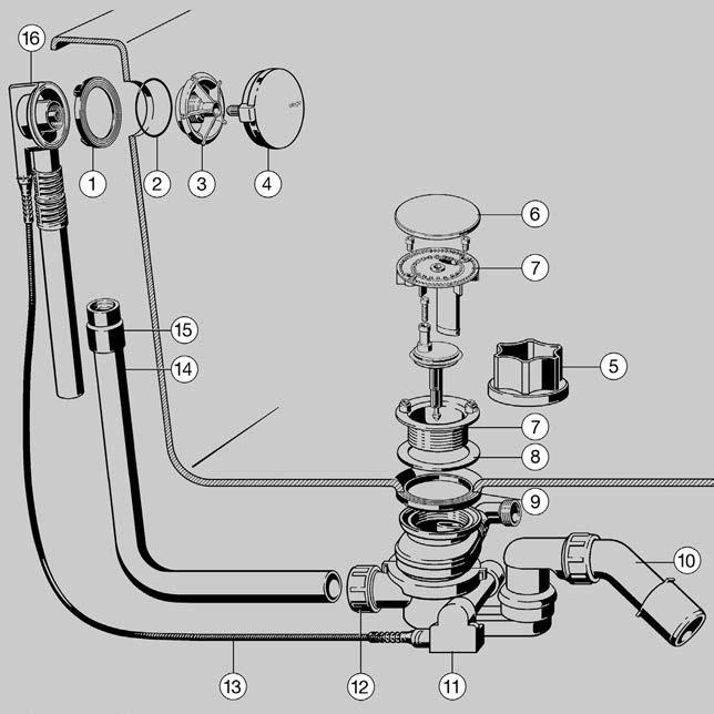 Lefolyók/túlfolyók fürdőkádakhoz Szerelvények kádtöltő funkcióval áttekintés Multiplex Trio F - alkatrészek 3 3 41 ábra.