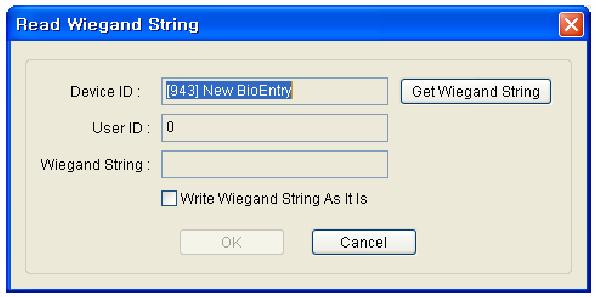 A részletes műveletek a következők: Nyomja meg a Wiegand beállítás /Wiegand String Setup/ gombot Nyomja meg a Wiegand beállítás lekérdezése /Get Wiegand String/ gombot és érintse a Wiegand
