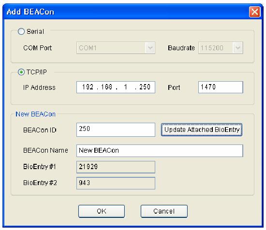 Soros port esetén, állítsa be a COM portot és a hálózati átviteli sebességét, TCP/IP esetén vigye be a hozzáadandó BEACon IP címét.