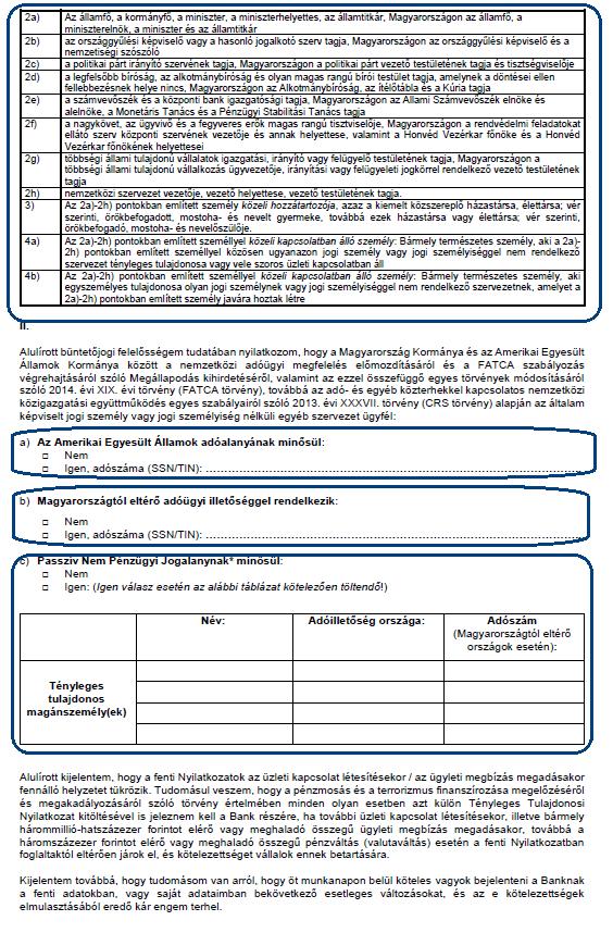 Kiemelt közszereplői státuszok további típusai FATCA nyilatkozat: az ügyfél cég USA adóügyi illetőségű-e vagy sem Amennyiben rendelkezik a cég USA-beli adóalanyisággal, a cég amerikai adószámát is