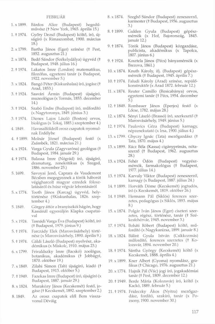 FEBRUÁR 1.x 1899. Bárdos Alice (Budapest) hegedűművész (+ New York, 1965. április 15.) 1.11974. Győry Dezső (Budapest) költő, író, újságíró (x Rimaszombat, 1900. március 18.) 2. x 1799.