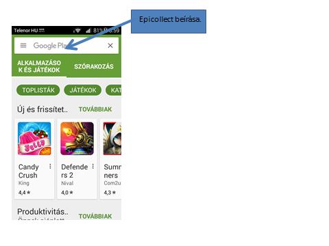 Megjelenő képernyő: Az Epicollect5 Data Collection