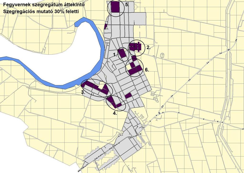 41. térkép: Fegyvernek szegregátumai Forrás: KSH adatszolgáltatás A 2011.