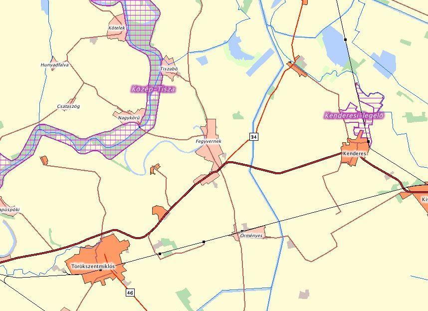 17. térkép: Fegyvernek és környékének Natura 2000-es területei Forrás: Természetvédelmi Információs Rendszer A Tisza mentén a Közép-tiszai Tájvédelmi Körzet, amely Natura 2000-es