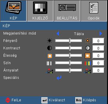 Felhasználói kezelőszervek KÉP Megjelenítési mód A különbözõ képtípusokhoz számos gyári beállítás áll rendelkezésre. Prezentáció: megfelelő szín és fényerő PC bemenet esetén.