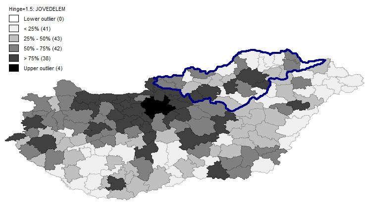 Eredmények A jövedelem eloszlás mintázata Régió települései: legfejlettebb a régió középső része, M3-as autópálya nyomvonala; megyeszékhelyek vonzáskörzetei.