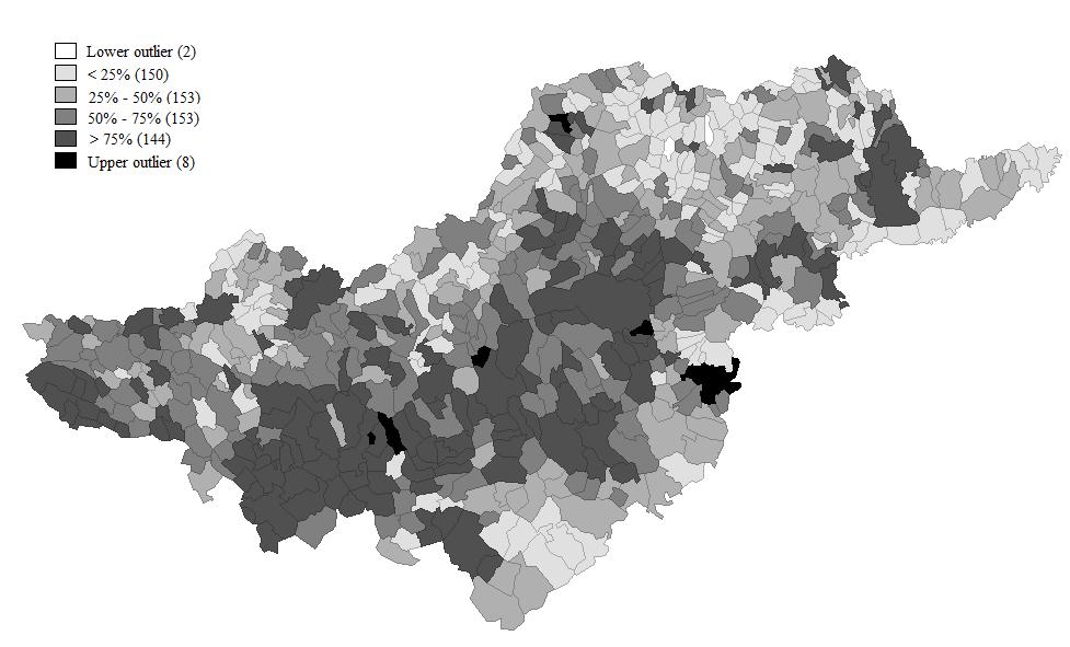 Legkisebb: Salgótarján: csak Karancsalja, és Somoskőújfalu. Egy főállású foglalkoztatottra jutó jövedelem eloszlása (Észak-magyarország települései, 2014.