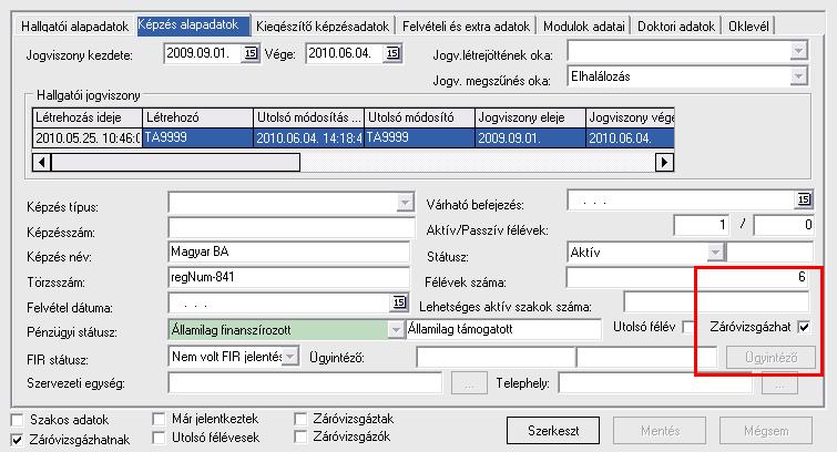 Modulok adatai tabulátor fülön a Hallgató(5400)/Hallgató képzése(6000) Modulok adatai tabulátor fülön is található adatok jelennek meg.