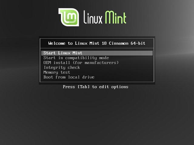 Linux Mint telepítése merevlemezre Az első képernyőn válaszd az alapértelmezett Start Linux Mint opciót és nyomj Entert.