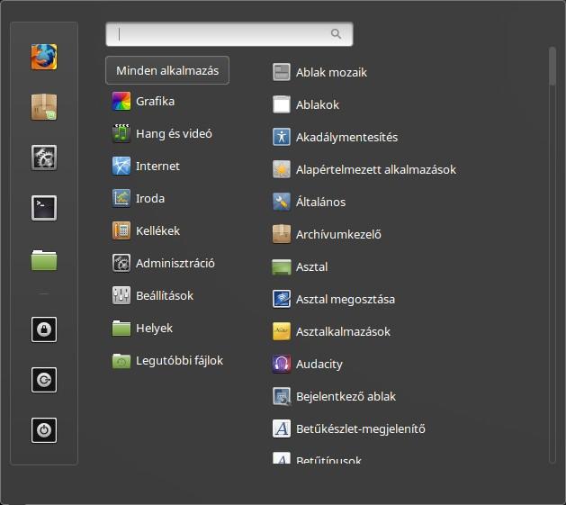 A Menü A Linux Mint alapértelmezésben a Cinnamon menüvel rendelkezik.