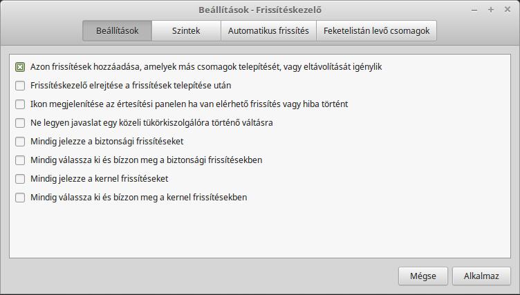 A Beállítások alatt az Azon frissítések hozzáadása, amelyek más csomagok telepítését, vagy eltávolítását igénylik lehetőség engedélyezi a Frissítéskezelőnek, a függőségek telepítését vagy