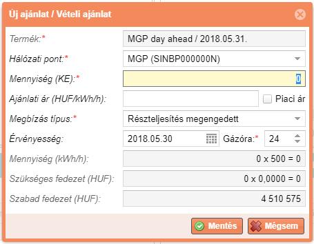 Megjelenik az Új ajánlat / Új vételi ajánlat ablak, a következő mezőkkel: - Termék : a forgalmazott földgáztermék, amelyre az ajánlatadás vonatkozik.