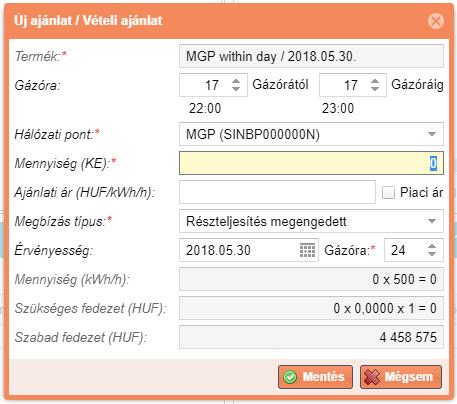 Automatikusan töltődik, az adott terméktípushoz megadott értékkel eltolva (figyelembe véve a szállítási időt). - Hálózati pont : MGP termék esetén automatikusan az MGP virtuális pont.