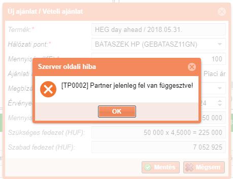 hibaüzenetet, és nem adható be az ajánlat.