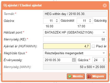 Az ajánlat adatainak megadásával a rendszer automatikusan kiszámítja és megjeleníti a következő adatokat: - Mennyiség (kwh/h) : a fent megadott kötésegység (pl.