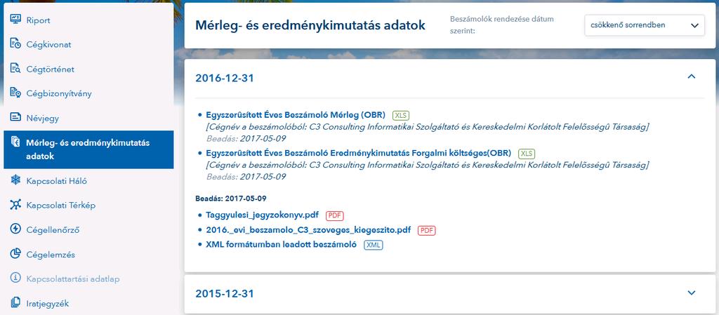 melletti azonosítószámra kattintva, megjelenik annak cégkivonata. A fenntartott intézmények esetén a lista a fenntartót tartalmazza szintén éves bontásban. 7.