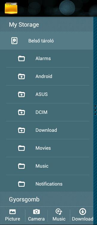 Fájlkezelő A File Manager (Fájlkezelő) lehetővé teszi, hogy könnyedén megtalálja és rendezze a belső tárolóeszközön illetve a csatlakoztatott külső tárolóeszközökön található adatait.