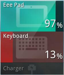 Tápfeszültség-kezelés ASUS akku Ez a widget százalékban és színnel jelzi az ASUS Transformer Pad és a billentyűzet-dokk akkujának állapotát.