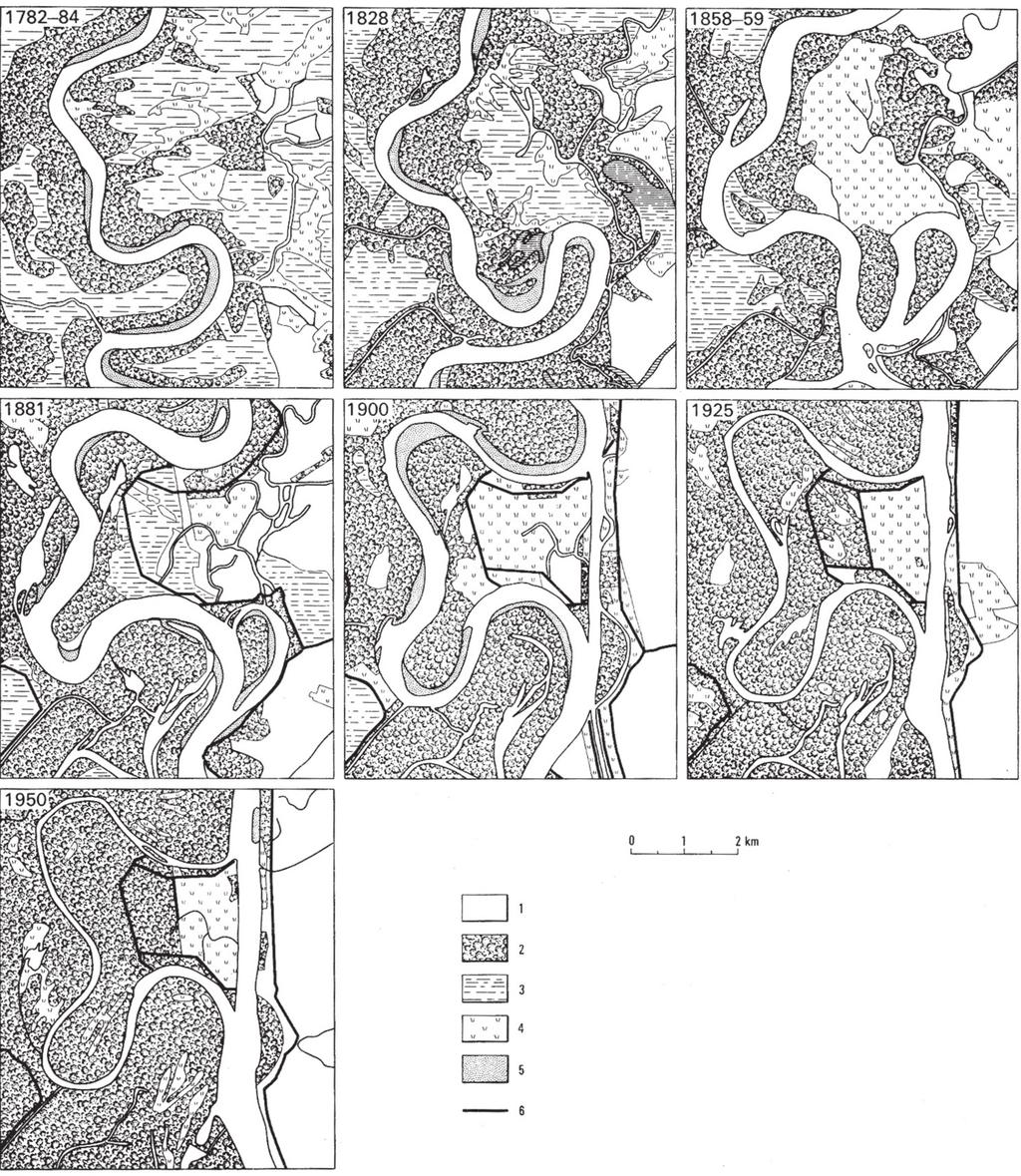 8. ábra. A sárközi Duna-szakasz térképfelvételeinek azonos méretarányra átszerkesztett szelvényei (Somogyi S. 1974 alapján).