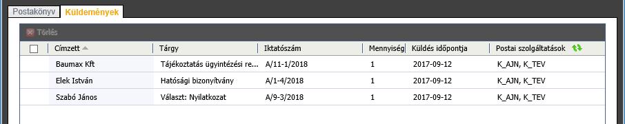 szolgáltatásokat (pl. elsőbbségi, ajánlott, tértivevényes, stb.) rögzíthetünk a kiválasztott küldemény(ek)hez.