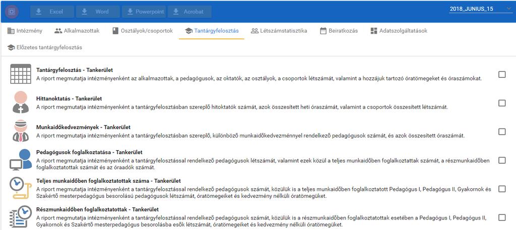 KRÉTA Statisztikák Tankerületi Központok Jelenleg 8 kategóriában, összesen 48 riport áll rendelkezésére a fenntartóknak.