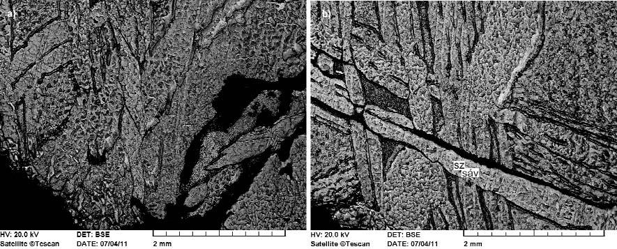 Földtani Közlöny 142/3 (2012) 293 9. ábra. Breccsás (a) és töredezett (b) meteoritrészek b) A mintán végighúzódó korábbi szerkezetet harántoló kamacittal kitöltött mikrohasadék.