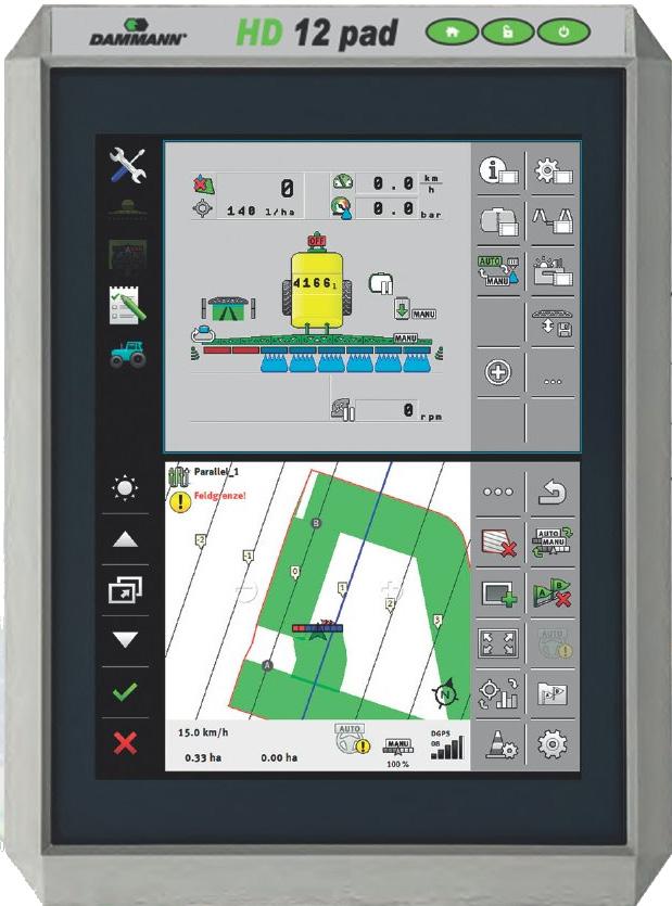 Az automatikus keretszakaszolást a forgóknál és a csücskölésnél minden esetben a felszerelt GPS antenna a Trac Leader, és a Vario Select program automatikusan vezérli.