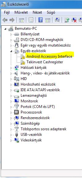 Az eszközkezelőben különféleképpen jelenhet meg a csatlakoztatott pénztárgép.