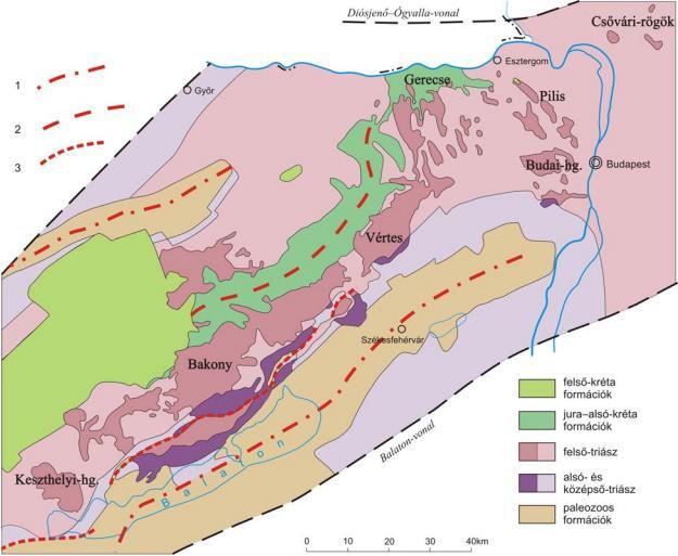 2.1.1. ábra: A Dunántúli-középhegység pre-kainozoos térképe (forrás: Magyarország földtana egyetemi jegyzet, 2011.