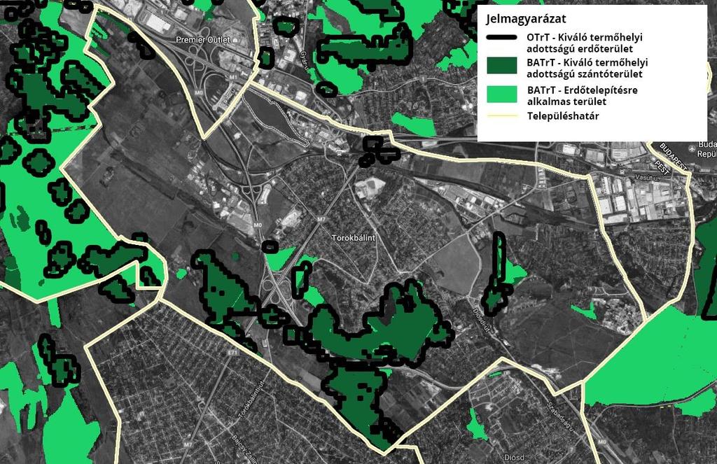 2.5.2. ábra: Kiváló termőhelyi adottságú erdőterületek a magasabb rendű tervekben (forrás: OTrT és