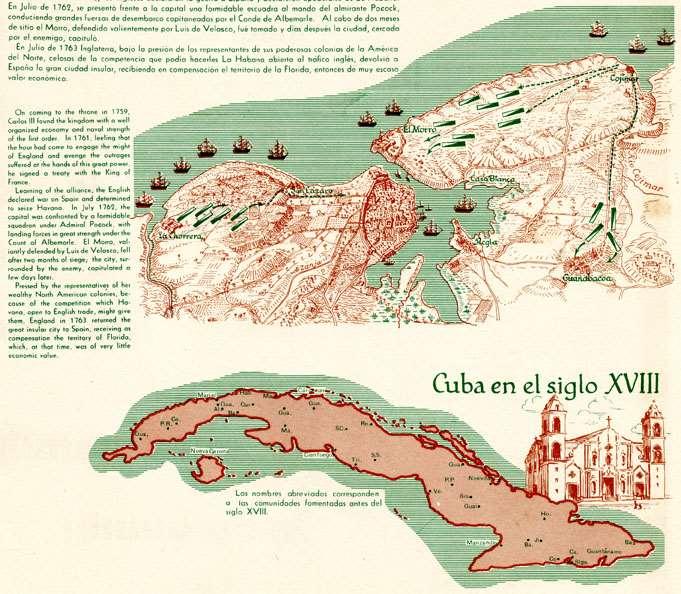Atlas de Cuba (1949) 34 téma öt főcsoportban: 2. csoport - Történelem: felfedezés, hódítás, gyarmatosítás; gyarmati Kuba; forradalmi Kuba (19. sz.