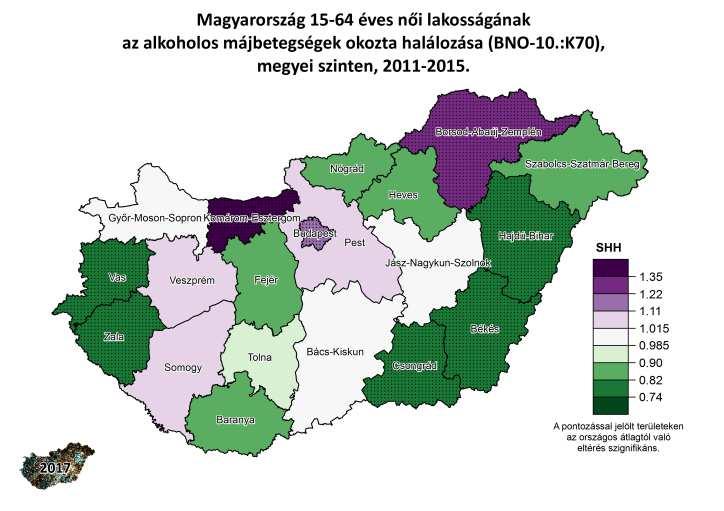 Az emésztőrendszer betegségeiből az alkoholos májbetegségeket kiemelve látható, hogy Nógrád megye 15-64 éves női lakosságának alkoholos májbetegség okozta halálozása az országos átlag alatt van